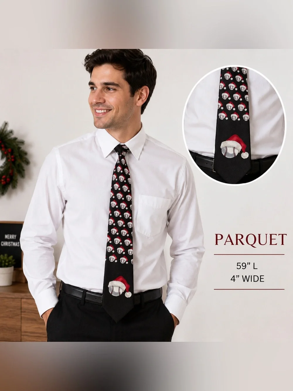 Parquet Christmas Baseball Santa Hat Novelty Tie Black 59” Holiday Necktie